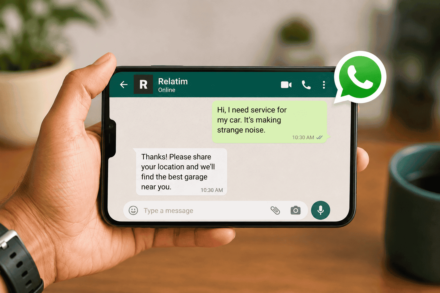 Phone showing a WhatsApp vehicle service request
